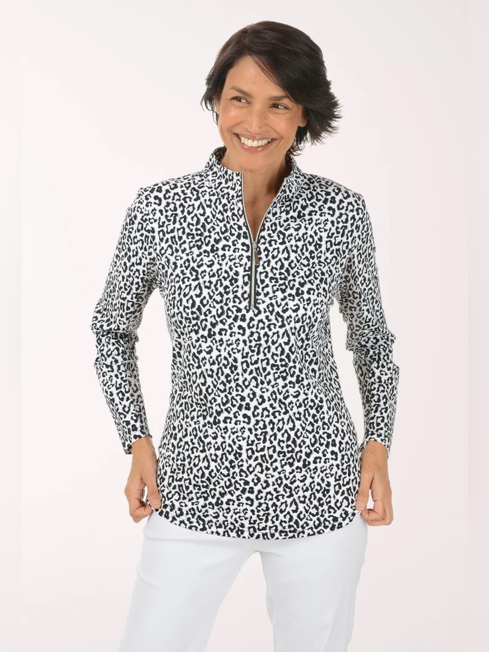 Lulu-B Leopard Print UPF 50 + Mock Neck 1/4 Zip Long Sleeve Top